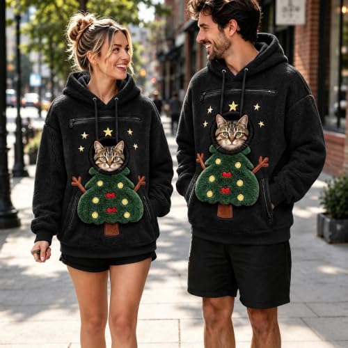 Womens Christmas Pullover Sweaters Cute Pet Pouch Winter Fleece Hoodies - image 3