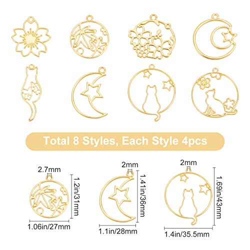SUNNYCLUE 1 Box 32Pcs 8 Styles Alloy Open Back Bezel Pendants Moon Star Flat Round with Cat Flower Hollow Frame Charms for Crafts - Image 2