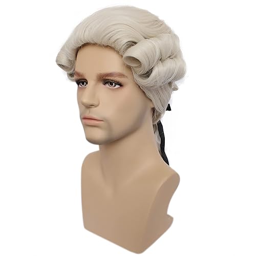 Miniatura 10 de Anogol Peluca de cabello y gorra color blanco rizada colonial para cosplay peluca sintética para hombres peluca de cosplay blanca peluca de