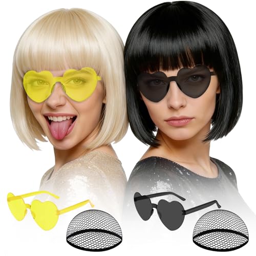 Image of MEEZY 2 Pcs Neon Bob Wigs with Bangs Black Blonde for Women, Colorful Fun Wig Short Bob Hair with Heart Sunglasses Hair Cap for Halloween Costume Cosplay Photography Birthday Bachelorette Party