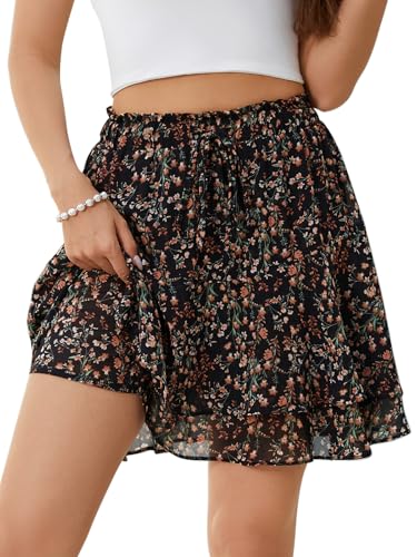 Aisprts Jupe Short Femme à Fleurs, Jupe Mini avec Taille Élastique et Corde, Volants en Couches, Légère et Respirante avec Doublure Anti-Transparence, Noir...