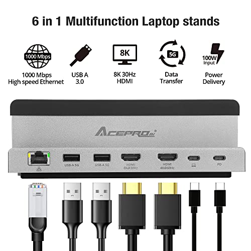 Aceproav 7 Port Usb-C 14” Laptop Stand With Dual Display Docking Station, Tablet Holder Hub, Vertical Storage Desk Organizer/Hdmi 8K30Hz, Usb-A 5Gbps, Ethernet 1Gbps, 100W Power Delivery, Space Gray #TOP1
