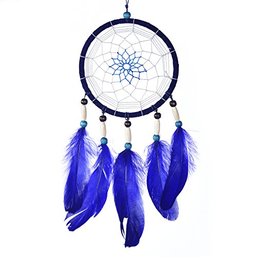 DonDon Acchiappasogni Dreamcatcher con perle e vere piume Blu - Ø 14 cm