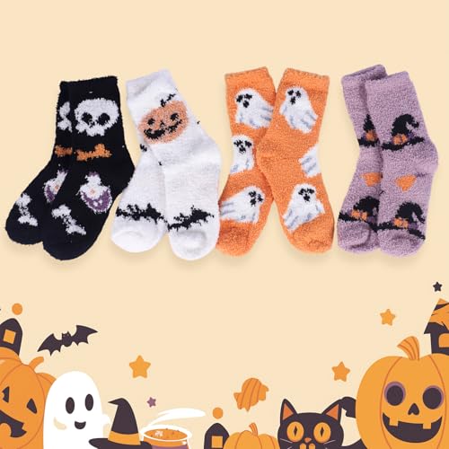 Fohuanky 4 Pairs Women’s Halloween Fluffy Socks Cosy Fuzzy Crew Socks with Pumpkin Ghost Witch Designs Holiday Festival Accessories (Colour 1) - Image 5