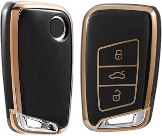 غطاء مفتاح سيارة من كيزون من البولي يوريثين الحراري متوافق مع سكودا كودياك اوكتافيا سوبرب 3 ازرار مفتاح ذكي (ذهبي اسود)