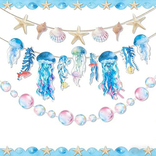 Image of SUNBEAUTY Starfish Seashell Banner Under The Sea Party Decoration Jellyfish Hanging Garland 9.8ft Blue Bubble Garlands for Ocean Beach Theme Birthday Decor Mermaid Summer Party Decor
