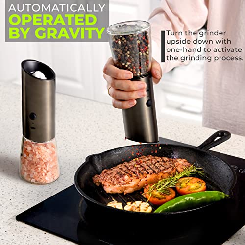 Rechargeable Electric Salt And Pepper Grinder Set, Automatic Gravity Mill With Adjustable Coarseness, Brushed Stainless Steel, Ceramic Blades And Refillable Glass (Bronze Grinder - 2 Units) #TOP2