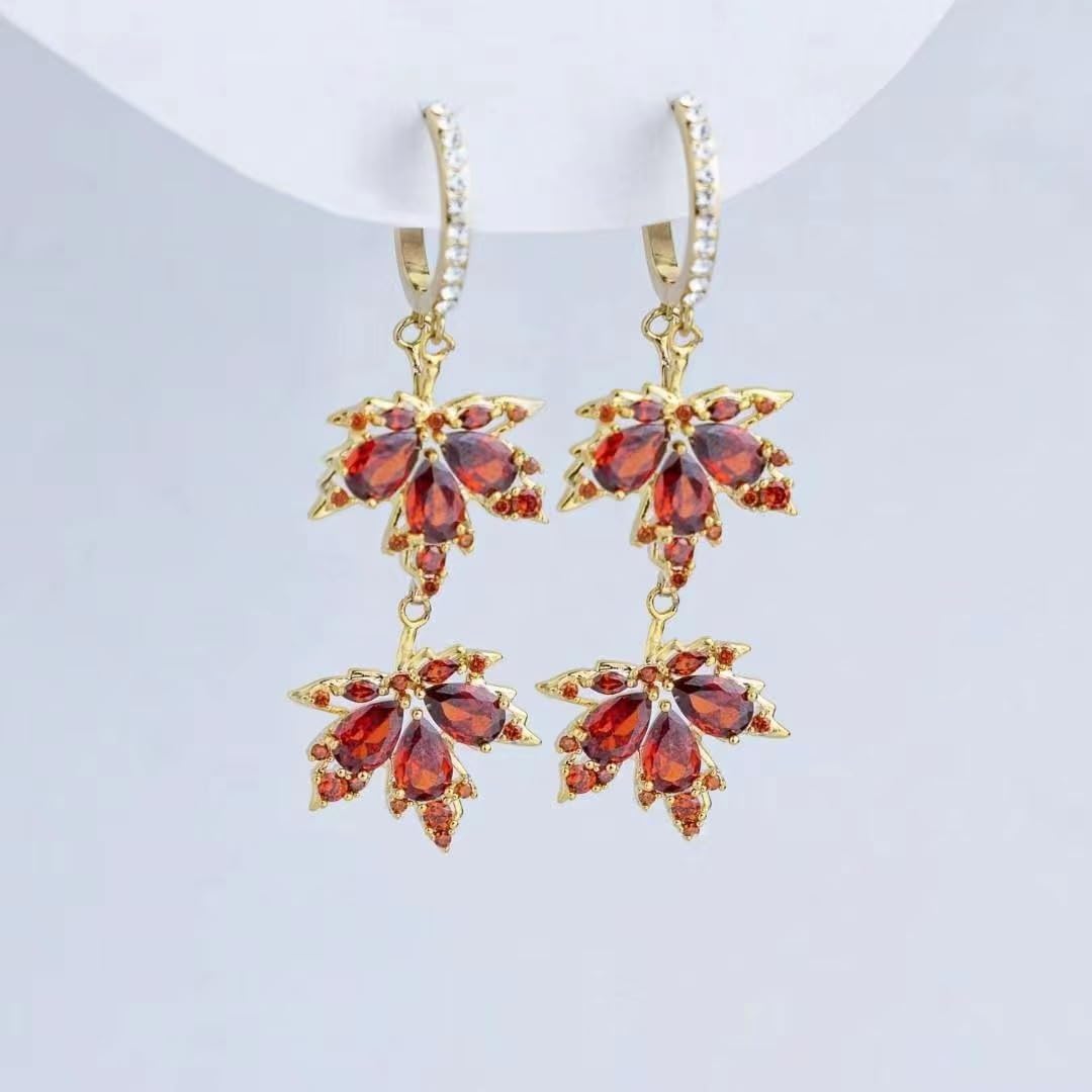 Exquisite Maple Leaf Dangle Hoop Earrings Cubic Zirconia Red Crystal Leaves Fall Drop Dangling Cartilage Small Huggie Hoops Earring Dainty Jewelry Gifts Thanksgiving - Image 3