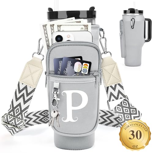 LOKASS Personalized for Stanley Cup Accessories 30oz, Initial Stanley Cup Holder with Strap, Cup Carrier Bag Water Bottle Holder with Phone Pocket Gifts for Women,Girls,Travel,Walking,Work