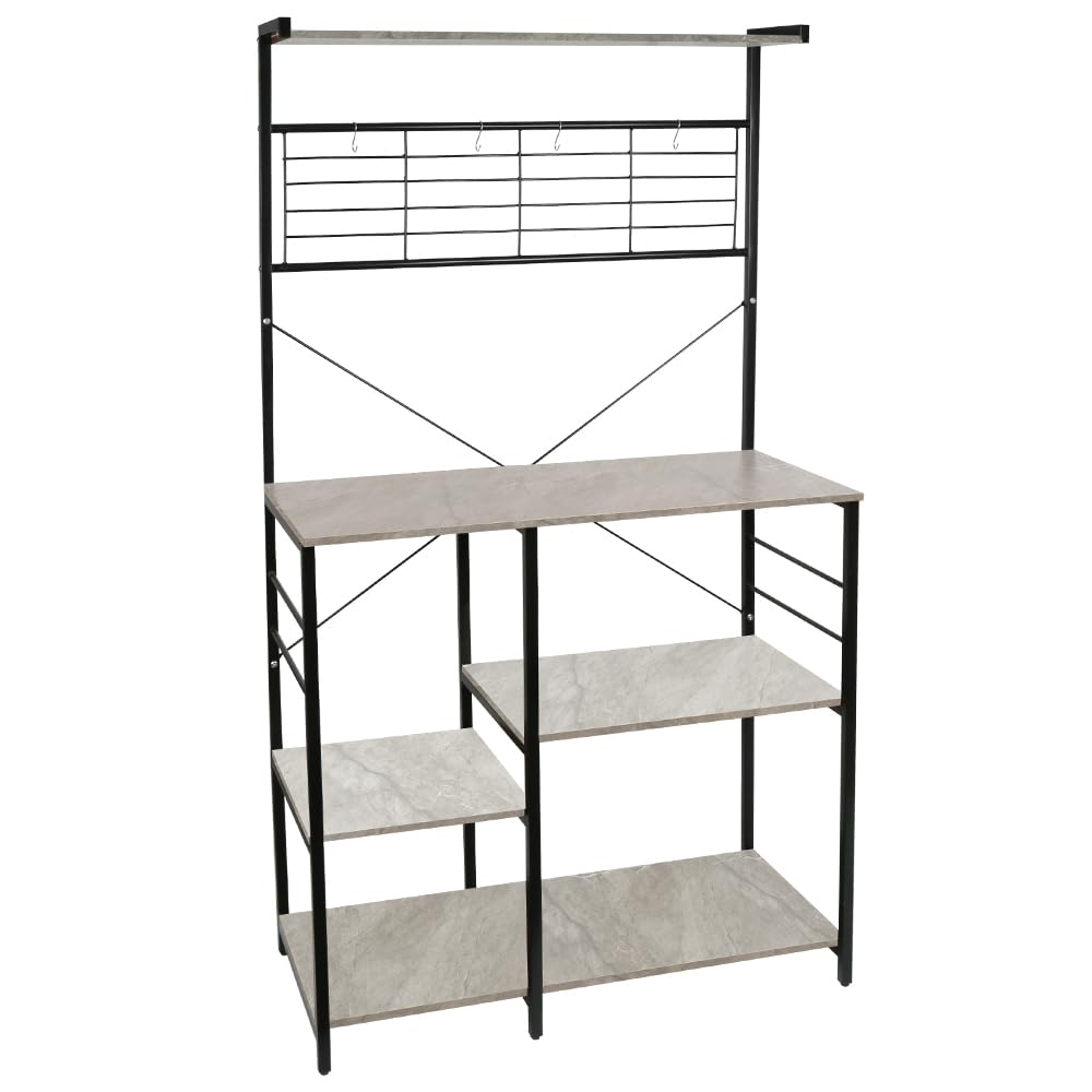 HUOLE Scaffale da cucina, mobile da cucina, bar per caffè con cesto in filo, scaffale per microonde con 8 ganci a S, per cucina, soggiorno, 42 x 90 x 167 cm (B) (aspetto calcareo)