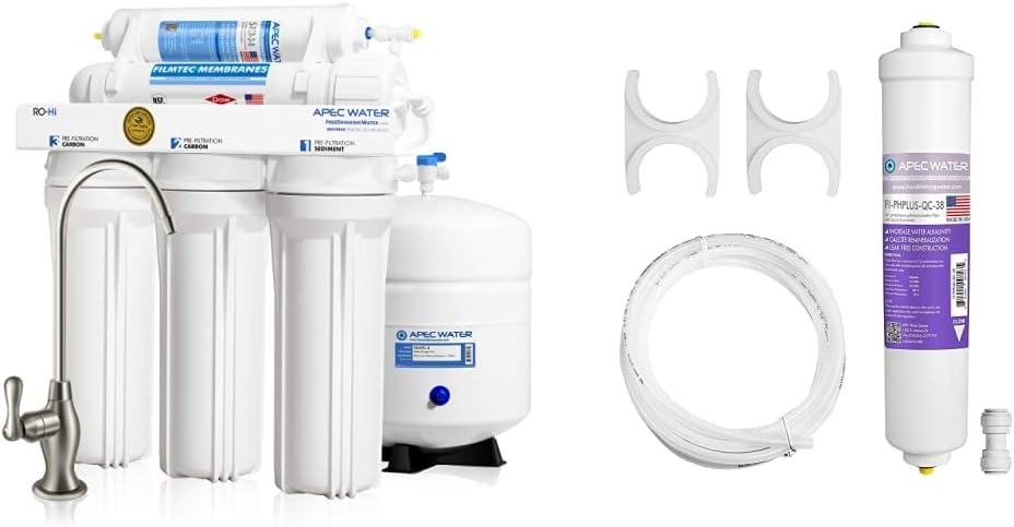 APEC Water Systems Ultimate RO-Hi Top Tier Supreme Certified High Output Fast Flow Ultra Safe Reverse Osmosis Drinking Water Filter System (90 GPD) and PHPLUSKIT-38 10" US MADE Alkaline High Purity pH+ Calcium Carbonate Inline Filter Kit