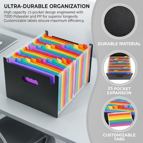 WEIANG Portable File Organizer Box with Folder, Upgraded File Storage Box with 25 Pocket Accordion Folder, Collapsible Linen Storage Boxes with Lid, Durable Hanging File Box for Office/Decor/Home by WEIANG - Image 5