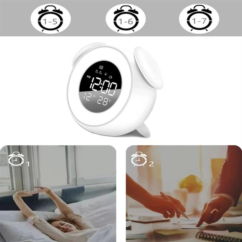 Musik-LED-Wecker, Umgebungslicht, LED-Wecklicht, Uhr mit Sonnenuntergang-Modus, Kinder-Cartoon-Nachttisch (Farbe: Weiß)
