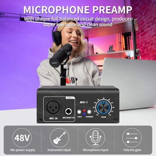 image for JCANOL MIC-1 Microphone Preamp Mic Gain Booster with 2 Input Max 75db 