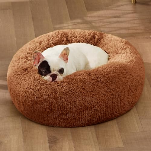 Image of Bedsure Calming Dog Bed for Small Dogs - Donut Washable Small Pet Bed, 23 inches Anti-Slip Round Fluffy Plush Faux Fur Large Cat Bed, Fits up to 25 lbs Pets, Copper