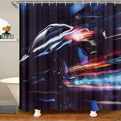 Latwerio 3D Duschvorhang 120x200 Auto Duschvorhänge Antischimmel Wasserdicht Badevorhang Auto Duschrollo für Badewanne Dusche Shower Curtains, 8 Duschvorhang Ringe