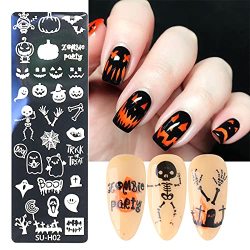 Xjl Halloween 6 Pcs Nail Stamping Plates+1 Stamper+1 Scraper Lace, Pumpkin Bat Owl Skeleton Ghost Skull Art Design Stamp Plates Set, Diy Template Image Plate Supplies Decoration Kits #TOP1