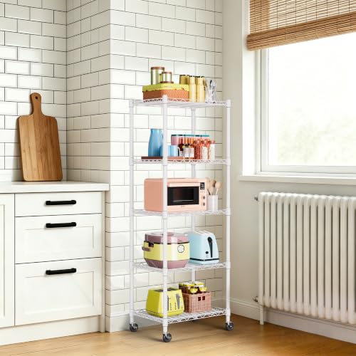Image of REGILLER 5-Wire Shelving Metal Storage Rack Adjustable Shelves,Standing Storage Shelf Units for Laundry Bathroom Kitchen Pantry Closet(White,11.8 inch D x 16.6 inch W x 53.5 inch H,With Wheels)