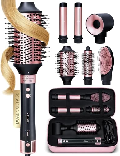 ELLA BELLA® 6 in 1 Professional Hot Air Styler Dual Voltage • Powerful Hair Dryer & Straightener Set • Styling Without Heat Damage • Fast Drying Curling Volumizing Straightening • with Travel Case