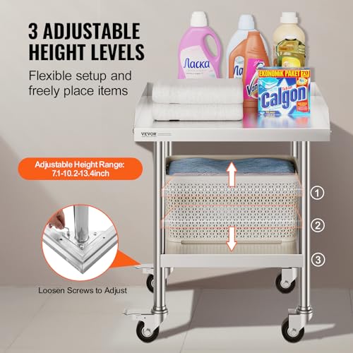 VEVOR Edelstahl-Arbeitstisch, Gewerblicher Arbeitstisch für Lebensmittelzubereitung mit 4 Rädern, 3-seitiger Spritzschutzwand, 61 x 61 x 76 cm, Ideal für Restaurants