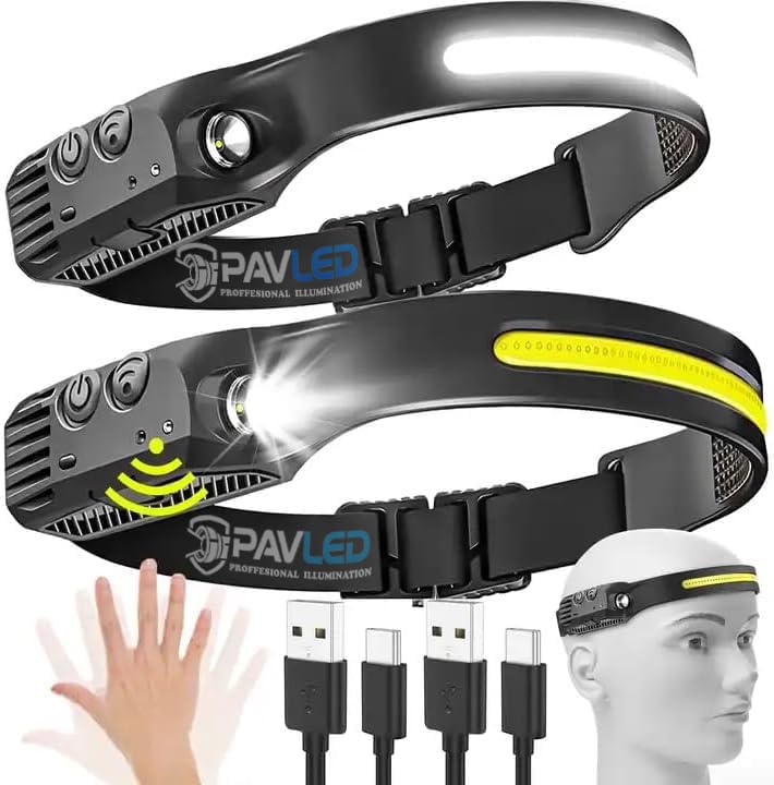 PAVLED Head Torch Rechargeable, LED Headlamp Motion Sensor Headtorch 230° Widen View & 5 Modes, Hands-Free IPX4 Waterproof Head Lamp for Camping,Running,Fishing,Cycling (3)