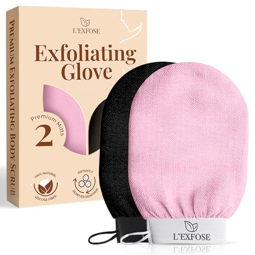 LExfose Moroccan Kessa Exfoliating Glove 2pc - Korean Exfoliating Mitt for Body Ideal for Dead Skin Remover Keratosis Pilaris & Self-Tanning to Improve Skin Tone (Pink & Black)