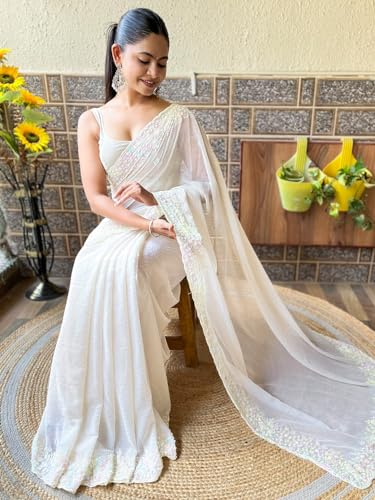 Image of AKHILAM Women's Multicolor Georgette Embellished Saree with Unstitched Blouse Piece(KESARI9501 KR Parent)