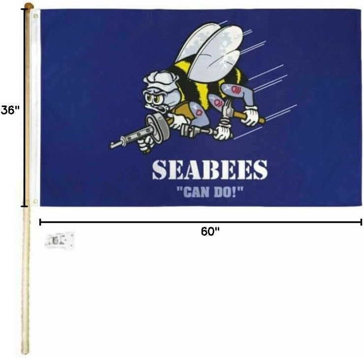 5' Wood Flag Pole Kit Wall Mount Bracket 3x5 Navy Seabees "Can Do" Poly Flag