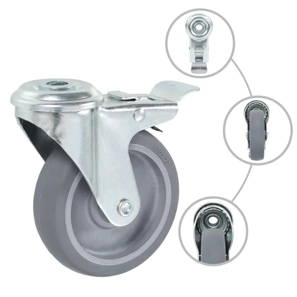 vidaXL 12x Lenkrolle mit Bolzenloch 2X mit Bremsen Transportrollen Laufrollen Möbelrollen Bockrollen Schwerlastrollen Gummirollen 100 mm Tragkraft 240 kg