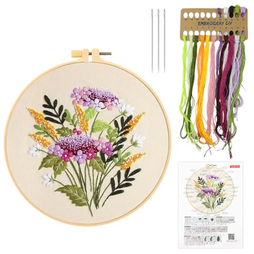 Image of HASTHIP Embroidery Kit for Beginners, Flower Canvas, 20cm Hoop Set | Guided Stitching Practice, Floral Canvas Design, Colour Yarns, Needles and Tutorial, Creative Home Craft Activity