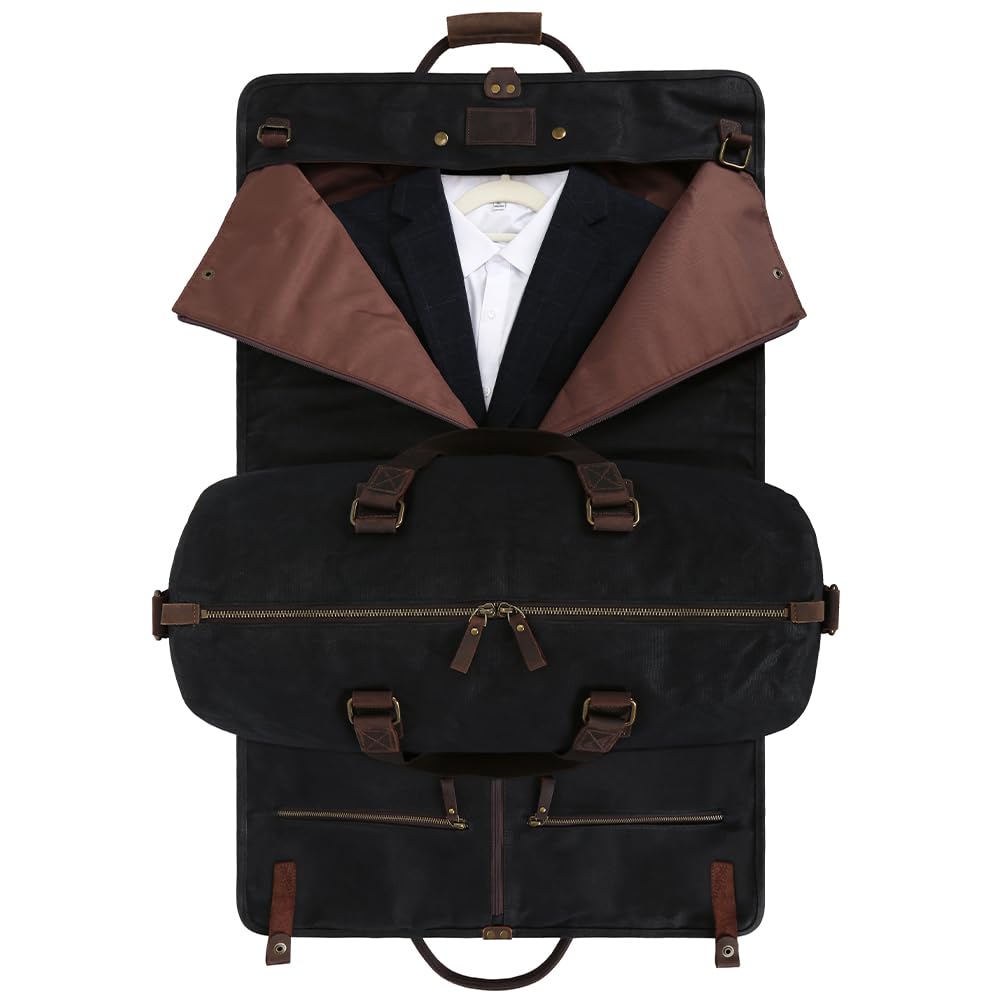 2-in-1 Canvas Leather Suit Luggage Garment Duffle Bag with Detachable Shoulder Strap for Travel and Business Trips 25 Litre Capacity (Black)-image-20