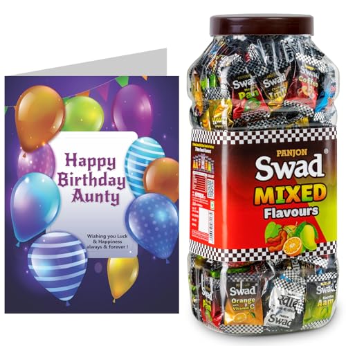 Image of Swad Happy Birthday Aunty Gift with Card (Swad Mixed Flavours Candy 200 Jar & 1 Greeting card) 2 units