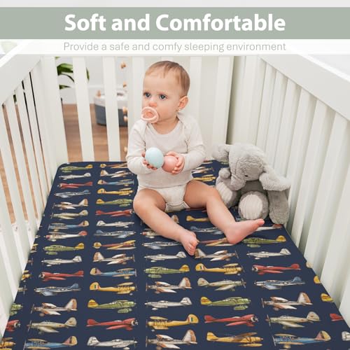 Image of Vintage Planes Airplanes Helicopters Baby Crib Sheets Boy Girl 28 inchx52 inch Navy Plane Models Aircraft Soft Stretchy Fitted Crib Mattress Cover Baby Sheet for Standard Crib & Toddler Mattress Pad