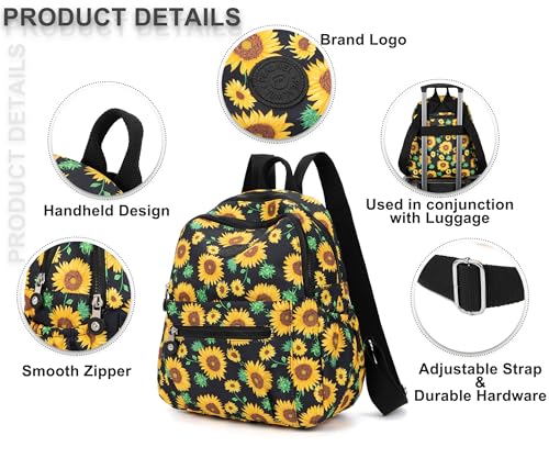 Image of Pealwel Mini Backpack Purse for Women,Small Nylon backpacks for Ladies Backpacks Women Anti Theft Travel Bag (Sun Flower)