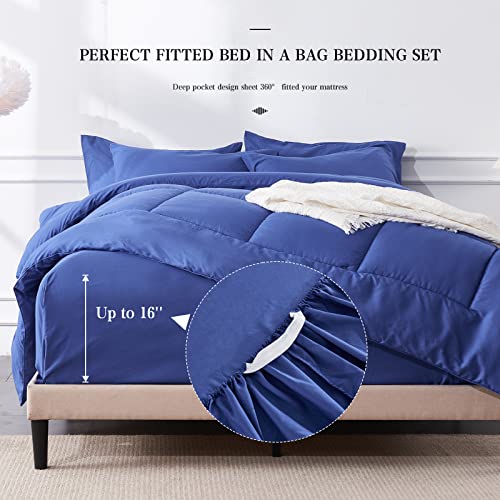 Newspin Queen Bed In A Bag - 7 Pieces Royal Blue Comforter Set, Lightweight All Season Ultra Soft Bedding Comforter Set With Comforter, Flat Sheet, Fitted Sheet, Pillowcases & Shams #TOP3