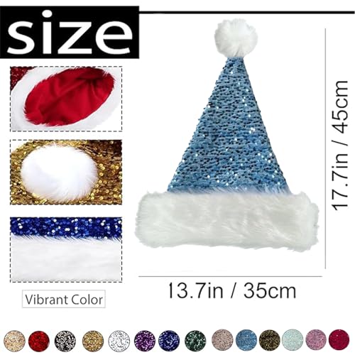 Lake Blue Santa Hat Christmas Hats for Kids and Adults,Shiny Sequin Xmas Hat Unisex Classic Velvet Xmas Holiday Hat,Thicken Luxury Plush Santa Hats Santa Claus Hats for Xmas New Year Party Supplies - Image 2