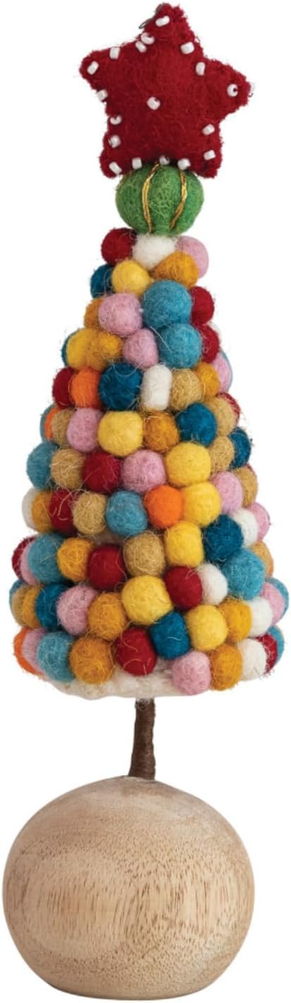 One Holiday Way 8-Inch Handmade Rainbow Wool Felt Pom Pom Tabletop Christmas Tree w/Wood Base – Decorative Rustic Farmhouse Decoration – Vintage Retro Xmas Party Winter Table Mantel Shelf Home Decor