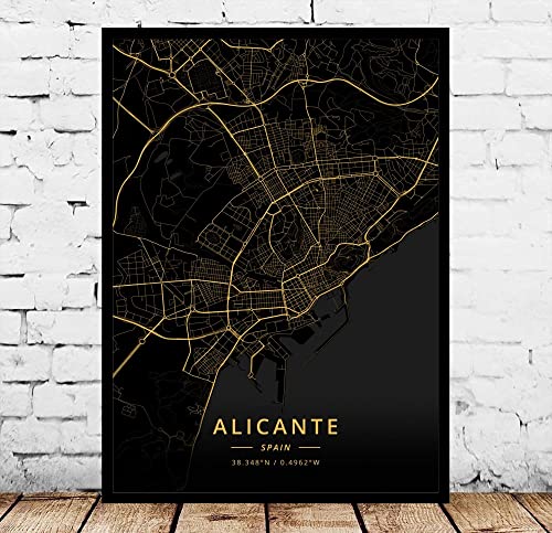 Cuadro Sobre Lienzo,Alicante España Mapa De La Ciudad Impresiones Carteles Pintura Mural Oro Negro Pintura De Arte Rectángulo Imágenes Arte Pop Para Sala De Estar Dormitorio Decoración Del Hogar,