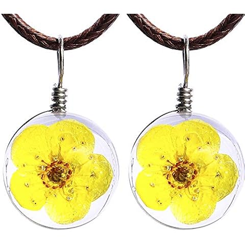 Pavaruni Real Flower Pendant 2 Pack Handmade Glass Necklace Original Gift (Cherry blossoms_Yellow) Cover