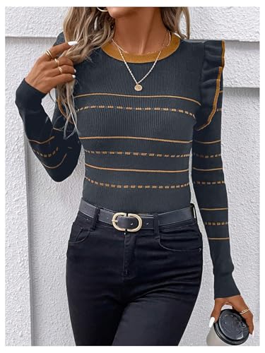 Image of Floerns Women's Striped Print Ruffle Trim Crewneck Long Sleeve Pullover Sweater Dark Blue X-Large