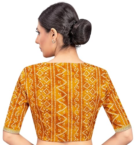 Image of Studio Shringaar Women's Cotton Bandhni Printed & Embroidered Saree Blouse With Elbow Length Sleeves