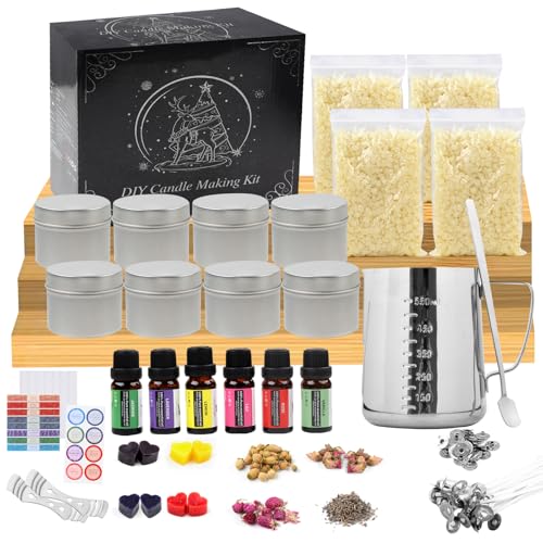 TEPENAR Kit de fabricación de velas DIY – Juego de velas perfumadas con cera de soja y abejas, latas de vela plata, soporte para mecha, cera de abejas, olla de fusión como regalo para adultos