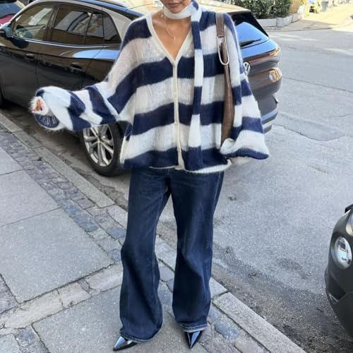 Women V Neck Striped Color Block Knit Cardigan Long Lantern Sleeve Oversized Button Down Sweater Top and Scarf3