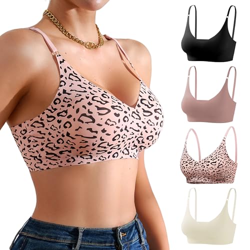 Image of DEANGELMON V Neck Bra Padded Seamless Adjustable Straps Bralettes Everyday Basic Sleeping Bras Multiple Pack