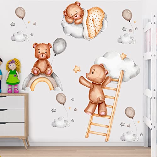 Bear Playing On The Moon And Stars Wall Stickers For Kids Baby Room Decor Sweet Dream Moon Air Balloon Star Baby Nursery Decor Baby Shower Room Interior Decor Kid Bedroom Playroom Wall Decals（Naughty Bear） #TOP27