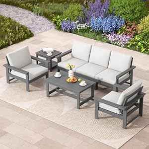 SERWALL HDPE Outdoor Patio Furniture Set, 7-Piece Outdoor Sectional Patio Conversation Set, All Weather Outdoor Couch Set Patio Sofa Set for Deck, Lawn, Grey Frame with Khaki Cushion