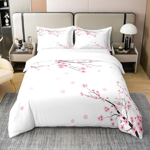 Homewish Cherry Blossoms 100% Cotton Duvet Cover Double,Girls Pink Floral Bedding Set,Spring Japanese Flowers Bed Set,Pale Pink Blossom Petal Comforter Cover,Romantic Branch Bedspread Cover,3Pcs