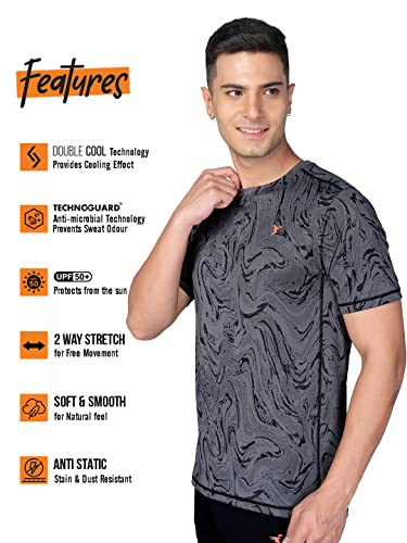 Image of TECHNOSPORT Men Polyester Regular Fit Half Sleeve Jacquard T-Shirt with Double Cool, Quick Dry & Anti Microbial for Sports, Running & Casual Use