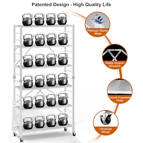 Image of Himix 6-Tier Foldable Storage Shelves Expandable Shelf Wheels White 2-in-1 | Folding shelving units, Metal collapsible organization, Changeable into 2 shelf units, Garage, Kitchen, Holds 3600 Ibs
