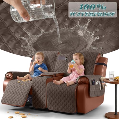 Image of Ruaozz Waterproof Loveseat Recliner Cover with Console Non-Slip Reclining Couch Covers Split Sofa Slipcovers with Elastic Straps Furniture Protector for Kids, Dogs, Pets(Brown, 2 Seater)